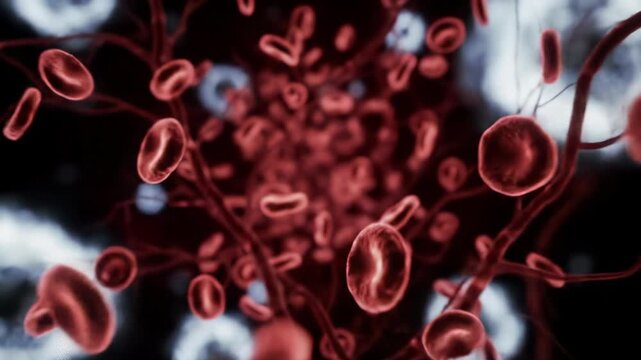 An extreme close-up macro video of high-definition CGI microscopic blood flow. Bioluminescent red blood cells through pulsating capillaries in a dark void with soft bokeh, futuristic medical