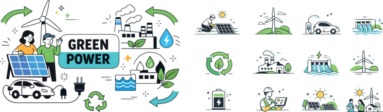 Green power concept with renewable energy sources and sustainable technologies