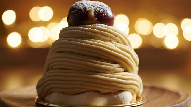 Delicious Mont Blanc Dessert with Chestnut Cream and Bokeh Lights.