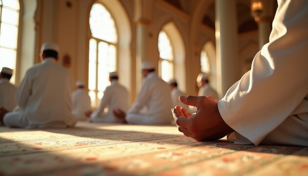 Men in white thawbs pray on ornate carpet inside mosque. Sunlight streams through arched windows illuminating rows of worshippers. Focus on hands extended in prayer, showing devotion, community.