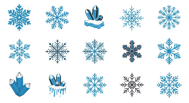 Winter Snowflake and Crystal Icons: Blue Geometric Ice Patterns