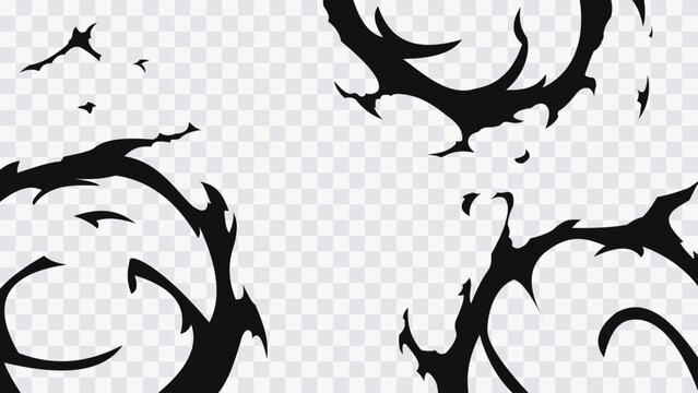 Abstract dark energy swirl shapes with sharp curved forms on transparent background. Dynamic manga style effect for action scenes and graphic design.