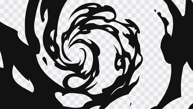 Abstract spiral energy lines forming a vortex on a transparent background. Curved black shapes create a dynamic swirling motion, suggesting power, rotation, and flow toward the center.
