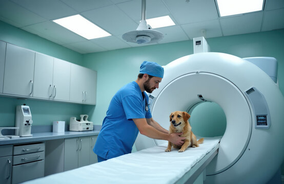 Veterinarian in blue scrubs places small dog on CT scanner bed in modern clinic. Vet uses advanced imaging tech for pet diagnostics and health care examination.