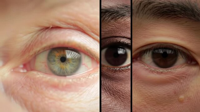 Extreme macro video of diverse human eyes (caucasian, afro-american, asian, albinism) with hyper-detailed iris patterns, subtle blinks & expressions on a soft, blurred background. Concept of human