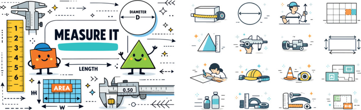 Measuring tools and concepts illustrated with cute characters and icons