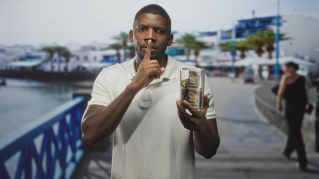 Man holding glass jar of dollar bills, finger to lips for silence on street waterfront promenade with blurred buildings; secrecy savings trust.
