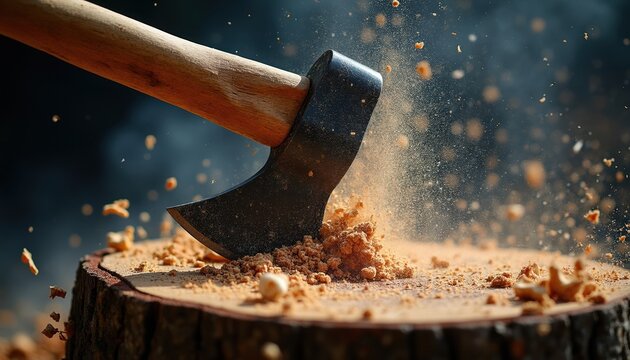 Sharp axe blade hits tree trunk generating wood chips. Close view of chopping log with metal tool. Outdoor scene with sawdust flying in air.