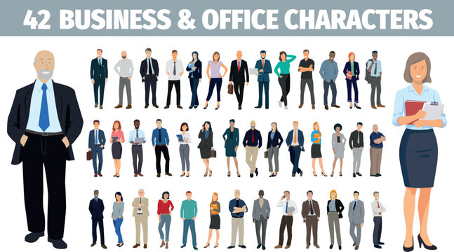 Collection d&rsquo;illustrations vectorielles de personnages professionnels en entreprise, au bureau,  repr&eacute;sentant une grande diversit&eacute; de profils,  dans un design moderne et &eacute;pur&eacute;.