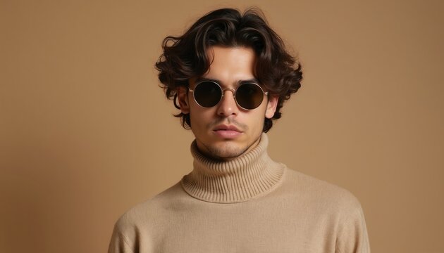 Young man with curly hair, round sunglasses wears beige turtleneck. Serious look, stares directly at camera. Neutral background highlights fashion style, cool sophisticated mood. Pro studio