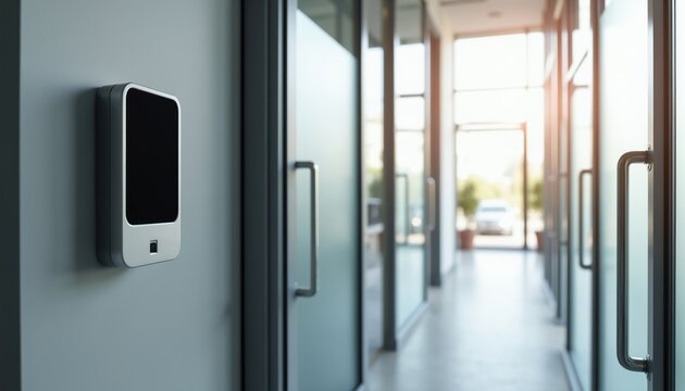 Modern access control device mounted on office wall. Scanner grants entry to building hallway. Biometric tech secures corporate spaces. Automation system for safe business.