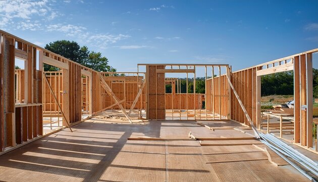 interior framing installation in new home construction site showing metal studs and framework for walls and ceilings