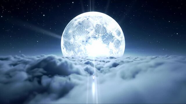 Aerial video over infinite soft white clouds, intensely glowing full moon in starry indigo night, mystical light rays, revealing immense scale. profound peace and tranquility.