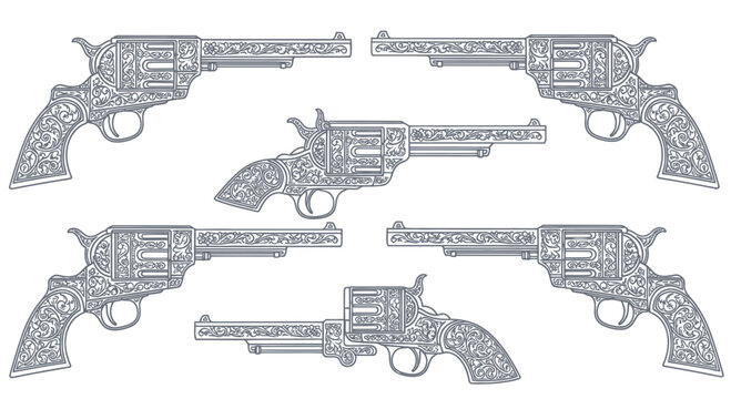 Antique Revolver Collection: Ornate Western Handgun Illustrations