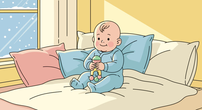 A joyful baby boy wearing a blue romper sits on a bed, happily holding a colorful rattle, with snow falling outside the window