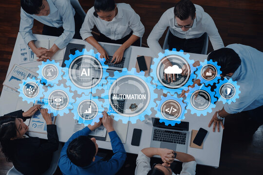 Collaborative Business Meeting on Automation with Diverse Professionals Engaged in AI and Technology Strategies and Insights Haptic.