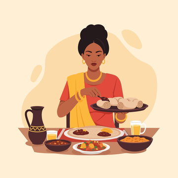 Woman Serving Traditional Ethiopian Food on a Table.
