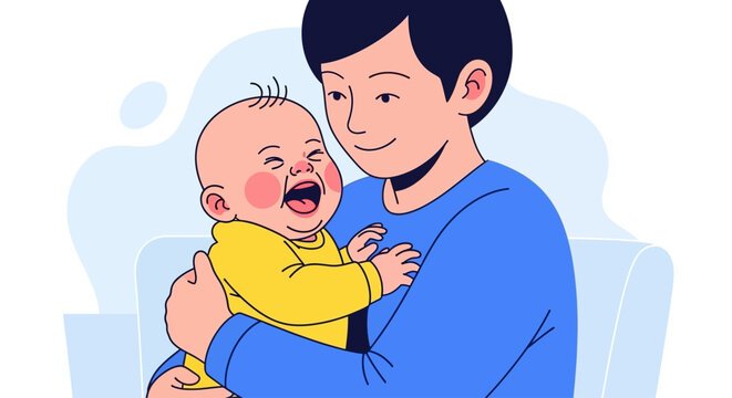 Father holding his happy crying baby boy in his arms, celebrating new parenthood with love and joy