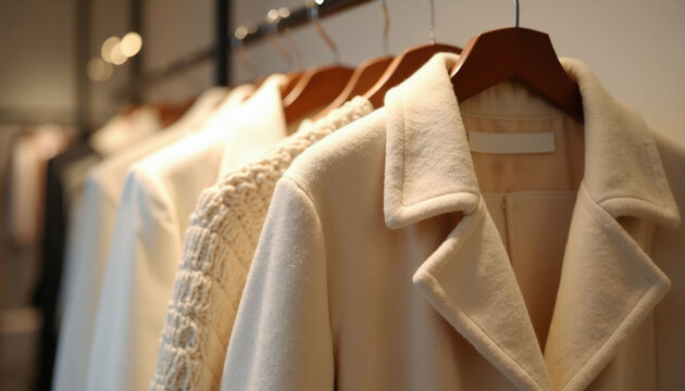 Row of neutral colored women outerwear on hangers in boutique. Coats and sweaters neatly displayed on rack for sale in clothing store. Classic fashion elegance.