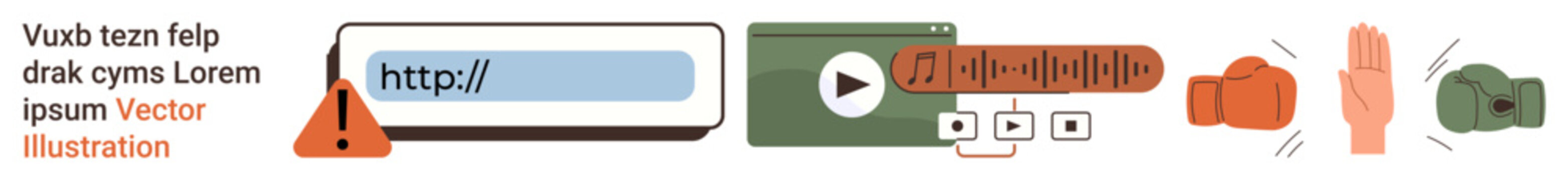 Internet safety, misinformation, cybersecurity, media regulation, digital learning, online protection. Icons showing a URL warning, media controls ruler stop hand and boxing gloves. Internet