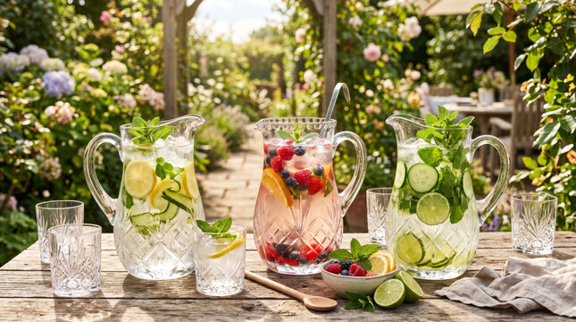 Refreshing beverage preparation with three elegant crystal glass pitchers filled with ice, citrus, mint, cucumber, and berries on a wooden table in a sunny outdoor setting