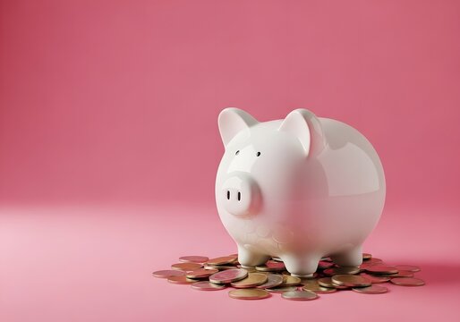 A plump ceramic piggy bank adorned with a cheerful snout sits upon a scattering of copper coins, evoking themes of wealth accumulation and fiscal prudence against a vibrant magenta backdrop