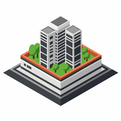 Fototapeta premium Modern Isometric City Building Illustration with Green Courtyard and Trees, 3D Urban Architecture Vector