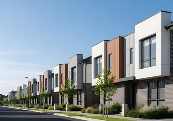 Obraz premium Rows of contemporary townhouses with diverse facade colors and modern architectural features extend along a suburban street under a clear blue sky creating an urban landscape scene