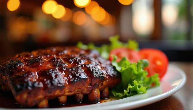 Juicy grilled pork ribs with barbecue sauce served on a white plate with fresh lettuce and tomato slices. Delicious meat dish with soft bokeh background is perfect for restaurant menus.