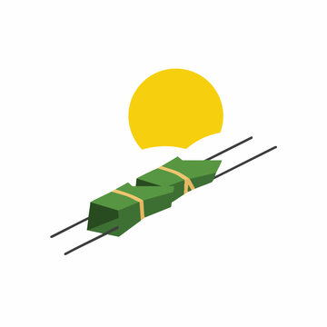 Minimalist flat vector illustration of traditional Southeast Asian Lemper snack wrapped in banana leaves grilled on skewers with sun.