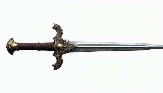 Ornate medieval sword features crossguard with intricate patterns. Dark brown wrapped hilt offers firm grip. Sharp steel blade extends from golden pommel. Clean white background isolates weapon.
