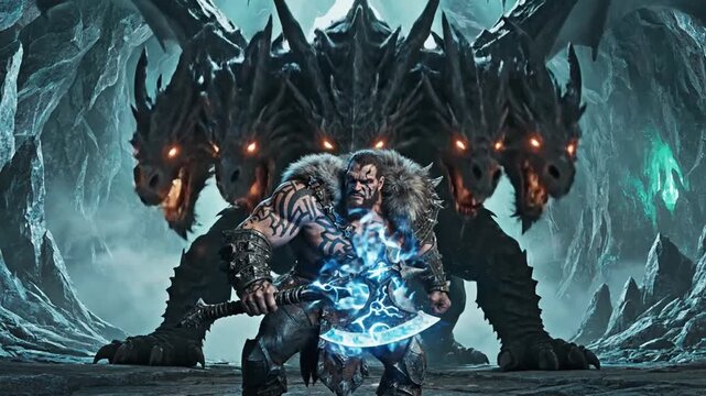 Powerful fantasy warrior with glowing axe and wings in cave
