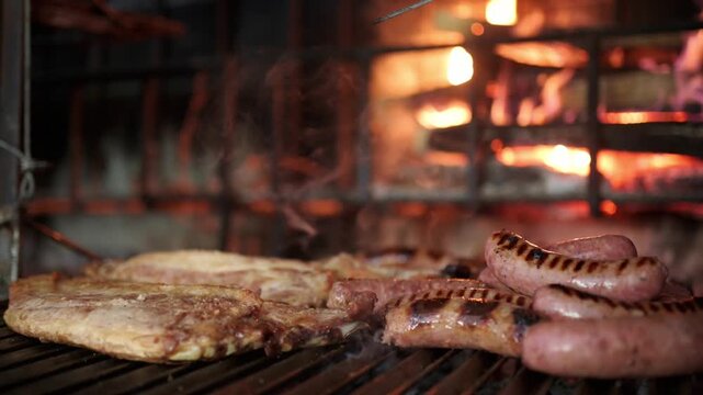 Delicious pork ribs and sausages grilling over hot charcoal. The meat sizzles on the grate as smoke rises with a fiery glow in the background