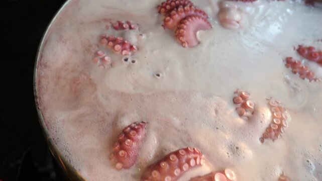 Close up of octopus tentacles cooking in a large pot of boiling water. Traditional galician style seafood dish preparation in a restaurant kitchen