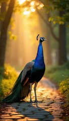 Obraz premium Blue peacock walks on stone path in park. Golden hour sun rays shine through trees. Bird displays vibrant blue green feathers. Wild animal in nature habitat.
