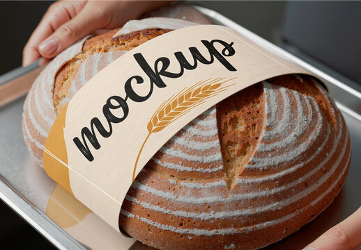 Hands Holding Sourdough Bread With Bakery Label Mockup