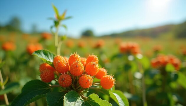 Orange berries cluster on plant in sunlit field. Green leaves, blue sky, natural landscape with shallow depth of field. Ripe fruit grows outdoors.