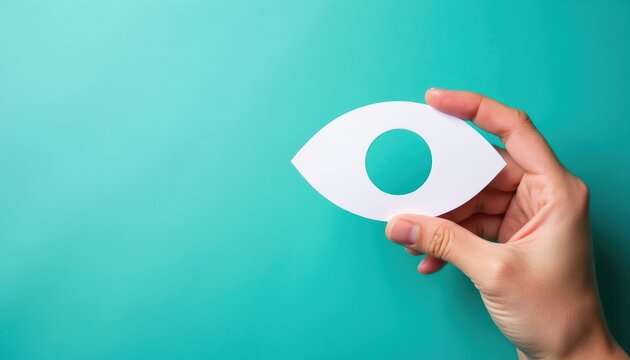 Hand holds paper eye cutout promoting vision care and glaucoma awareness. Focus on eye health checks and preventing blindness. Simple concept for medical campaigns.