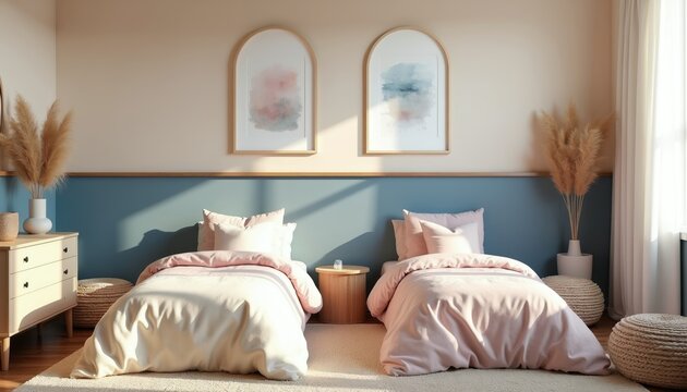 Two twin beds with pink and cream bedding sit in a childs room. Arched wall art hangs above beds, pampas grass decor adds warmth. Interior design features blue accent wall.