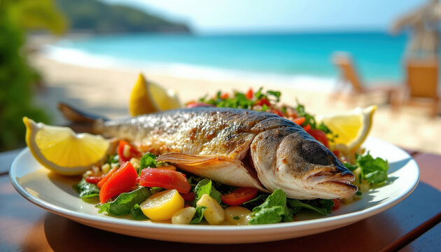 Whole grilled fish served with tabbouleh salad, lemon slices on plate. Seaside restaurant offers fresh seafood meal near ocean beach with sunny sky. Enjoy vacation food outdoors.