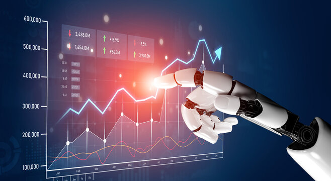 A robotic hand engages with a vibrant digital screen displaying financial data and trends, symbolizing the intersection of technology and modern business analytics. Scalp