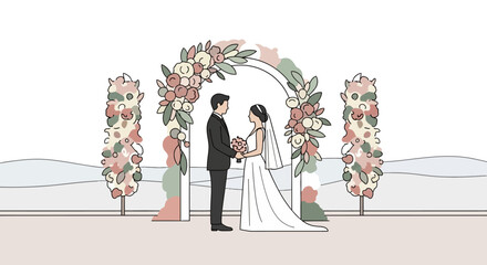 A newlywed couple stands at the altar, adorned with floral arrangements, ready to begin their life together © Puji