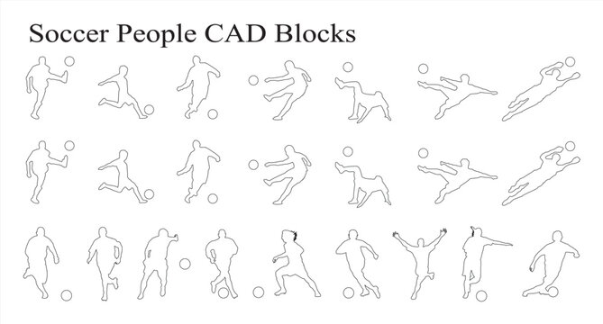 Soccer people cad blocks collection in dynamic playing poses for sports field design with design elements