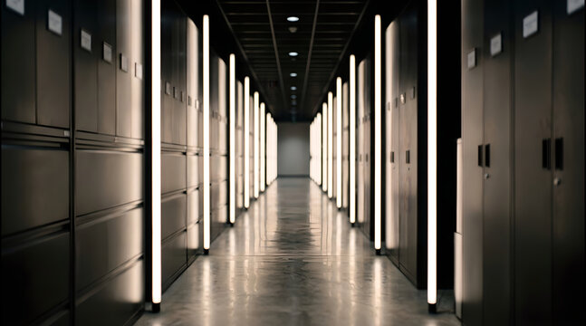 Minimalist office archives room with blurred cabinetry and atmos