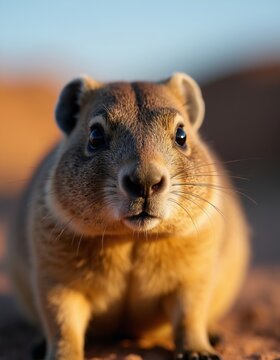 Rock hyrax animal closeup with detailed fur and big dark eyes. Small mammal sits on sand outdoors in golden hour sun. Wild creature portrait with blurred background.