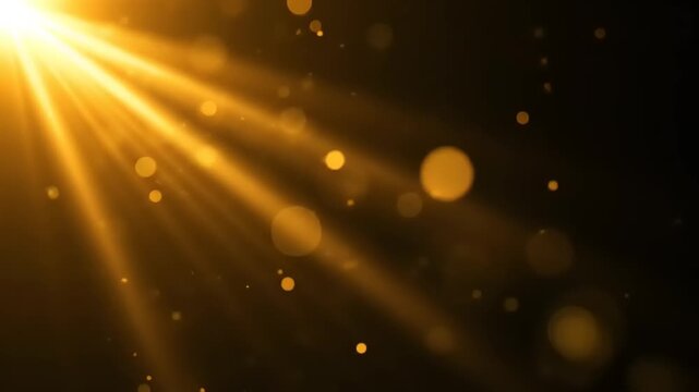 Golden Sun Rays Shining Through Dark Background with Bokeh Effect.