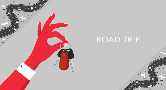 Red hand holding car keys, road trip concept. Flat design illustration with winding roads. Travel banner background.