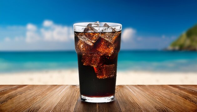 a glass of dark soda with ice on a wooden table at the beach