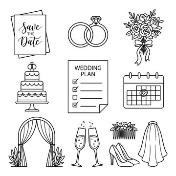 Elegant wedding planning icon set with marriage ceremony elements isolated on transparent background