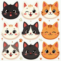 Fototapeta premium Collection of nine cartoon cat faces in various colors and expressions. Includes black white orange tabby and grey cats with happy cheerful and winking faces.